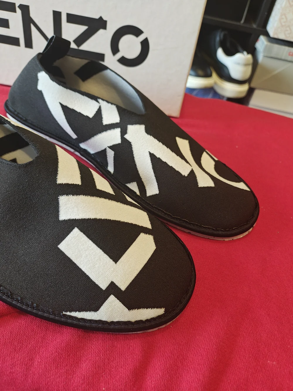 Kenzo Men’s Black and White Slip-On Sneakers 44